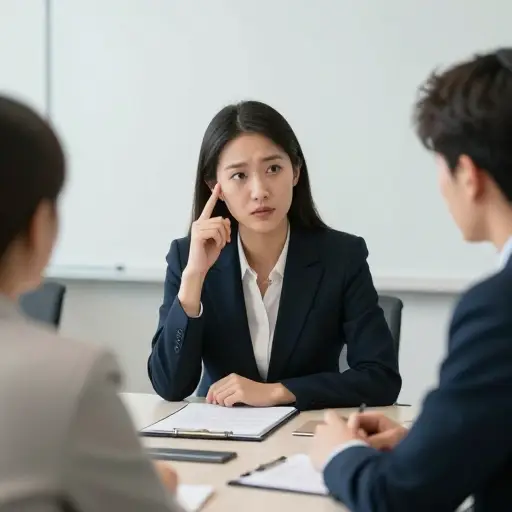 她微妙地向桌子对面的同事示意，该结束会议了。