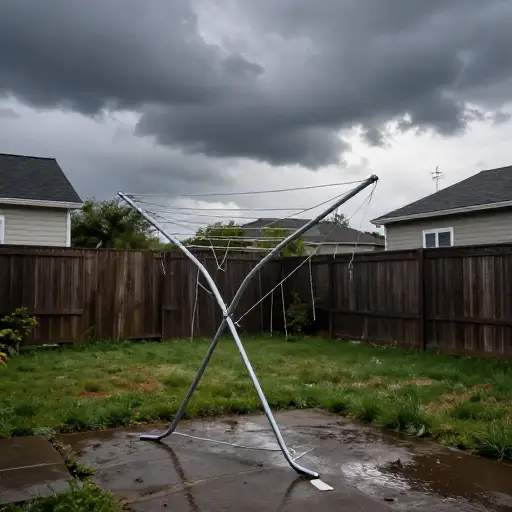 暴风雨过后，支撑晾衣绳的一根金属杆弯了。