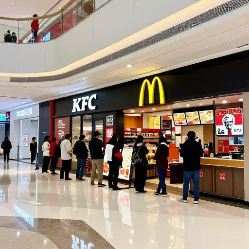 这家购物中心有几家知名的快餐专卖店。