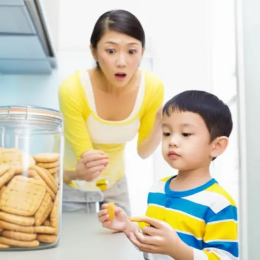 妈妈发现弟弟在偷吃饼干。