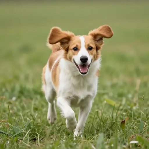 那只狗耷拉的耳朵在它欢快地奔跑时摇摆。