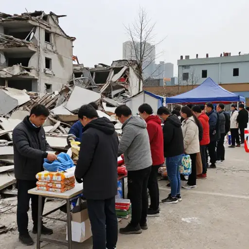 地震后，以食物和毯子形式的救济品被分发给幸存者。