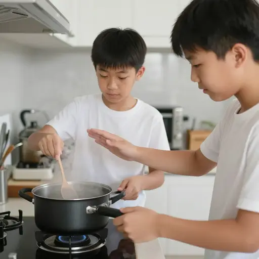 他警告弟弟不要碰热锅。