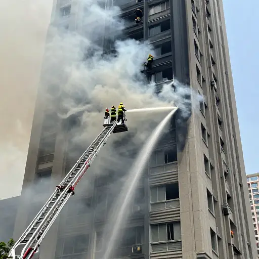 消防员们拼命地工作，以营救被困在着火大楼里的人们。