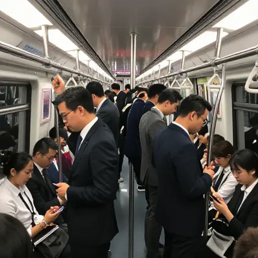 早高峰时段地铁车厢挤满了通勤者。