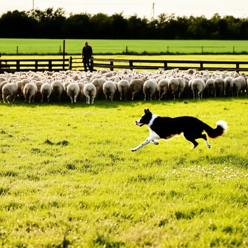 牧羊犬帮助农场主把羊群赶回羊圈。