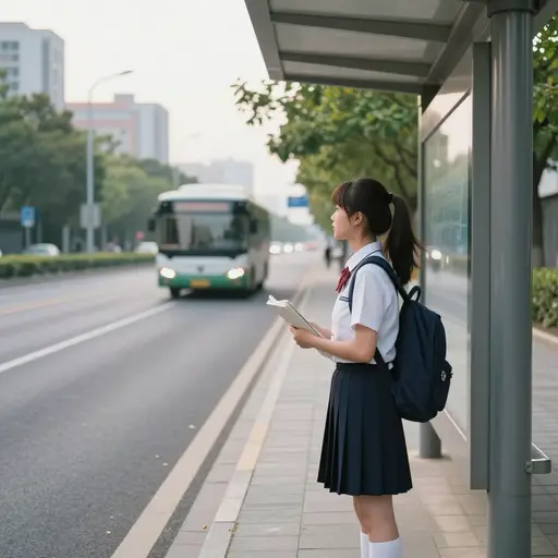 我每天在公交车站等车去上学。