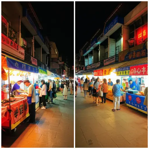 这个夜市有很多便宜的街边小吃。