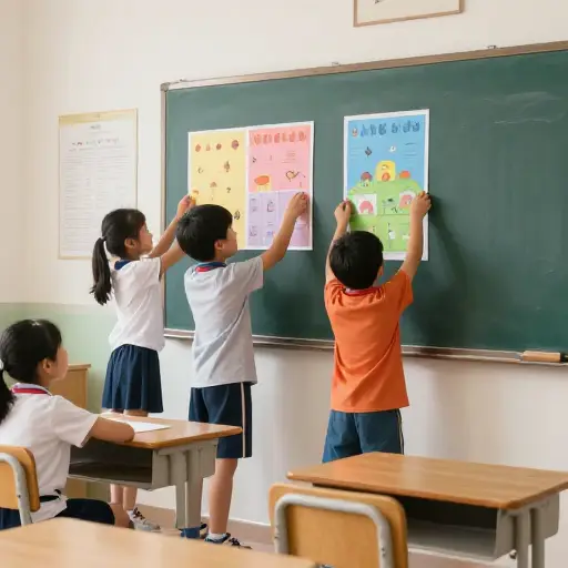 孩子们在教室墙上贴了一张海报。