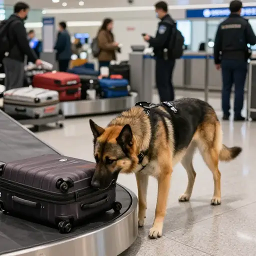 安检犬勤勉地嗅闻着行李，它受过训练，能探测出任何违禁物品。