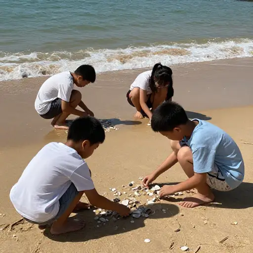 孩子们在海滩上收集贝壳。