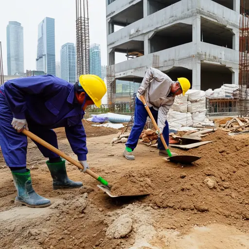 工人们正在用铲子清理建筑工地上的泥土。