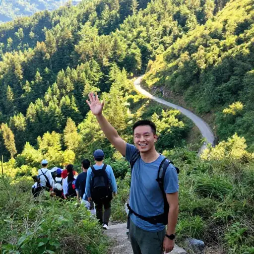 他热情洋溢地鼓励我们跟随他继续往山上爬。