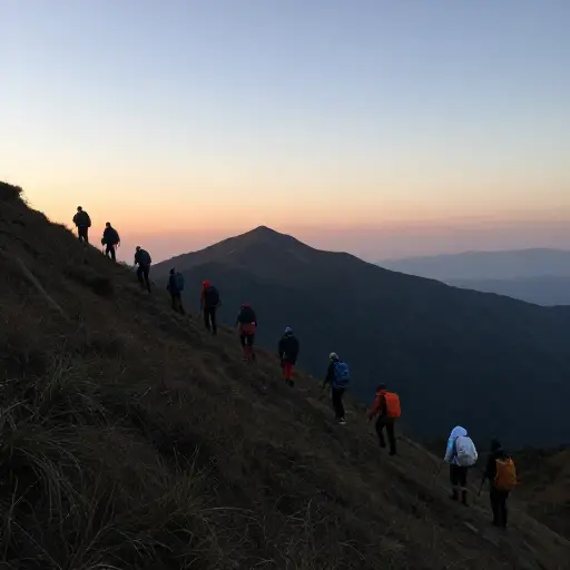登山者们希望在夜幕降临前到达山顶。