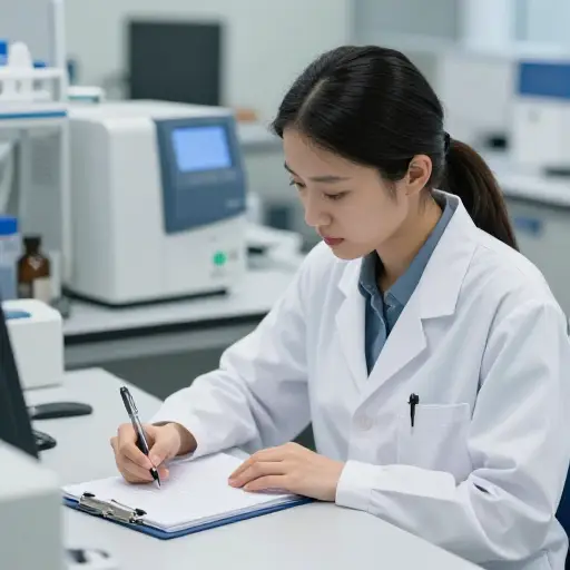 在实验室待了一整天后，她坐下来整理她的观察记录。
