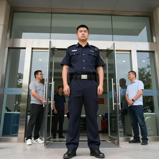 那个高大的保安站在门口，是为了震慑闹事者。
