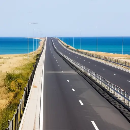 这条高速公路一直延伸到海边。