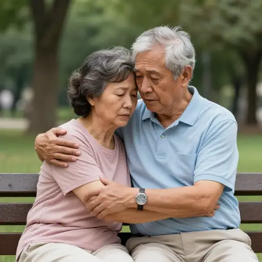 那对老夫妇坐在一起，紧张地彼此拥抱。