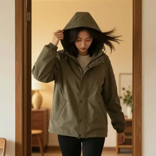 当她走进温暖的屋子时，把兜帽甩到了脑后。