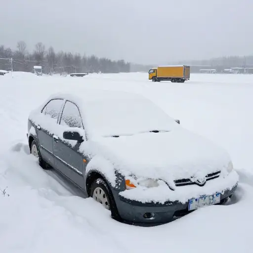 我们的车被困在深雪中，不得不等待数小时的拖车救援。