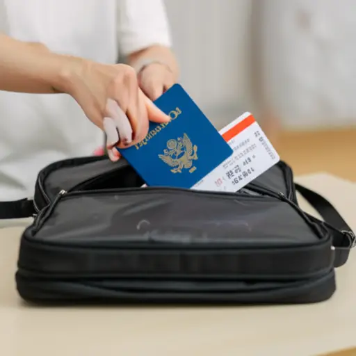 我把护照和机票都放在这个旅行包里。