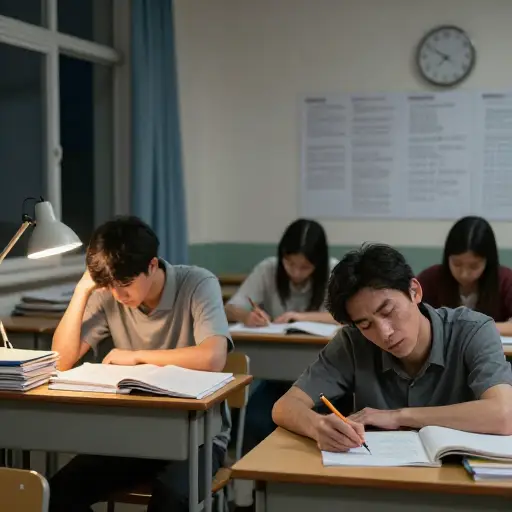 他整晚都在学习，所以考试开始时已经筋疲力尽了。