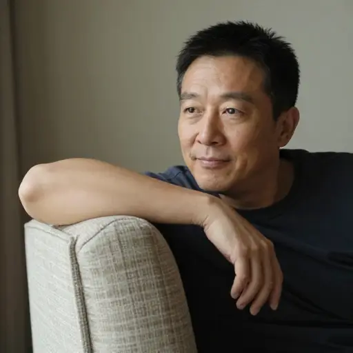 他舒适地靠在椅子上，双肘搁在软垫扶手上。