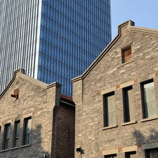 新建筑建在旧建筑旁边，形成了鲜明的对比。
