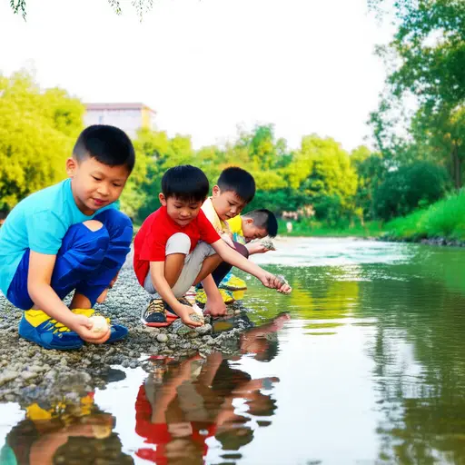 孩子们在河边收集小石头玩耍。