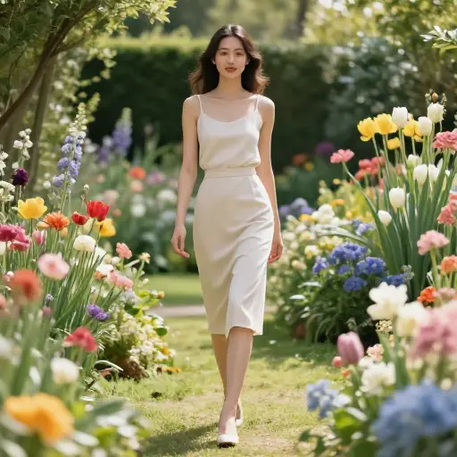 她是一位纤细优雅的女子，仿佛在花园中飘然而行。