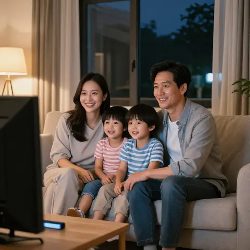我们一家人晚上喜欢在客厅看电视。