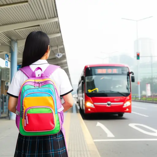 她每天乘坐公交车去上学。