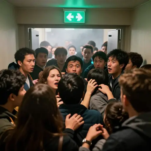 当人们惊慌失措时，紧急出口处出现了危险的拥挤。