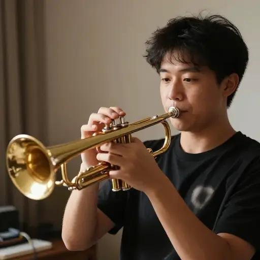他每天练习，学习如何吹奏小号而不发出刺耳的声音。