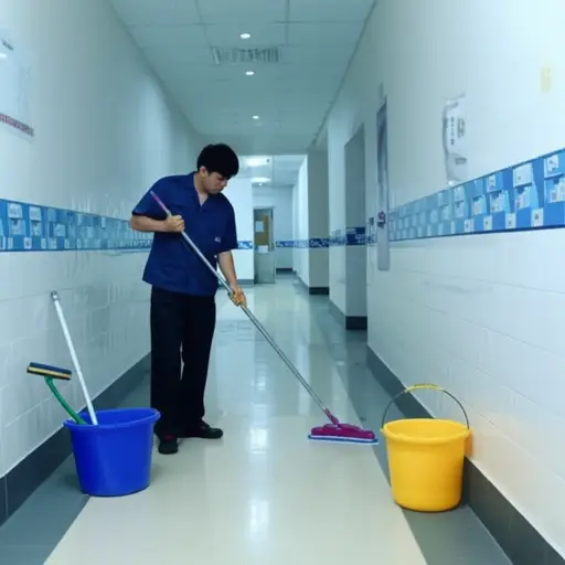 学校雇了一名清洁工每天打扫走廊和厕所。