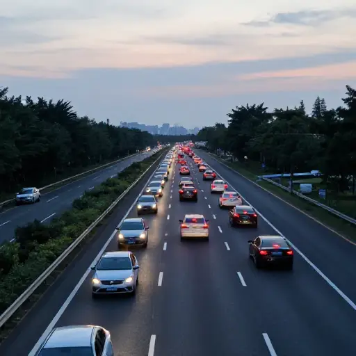 高峰时段，高速公路减速到爬行状态。