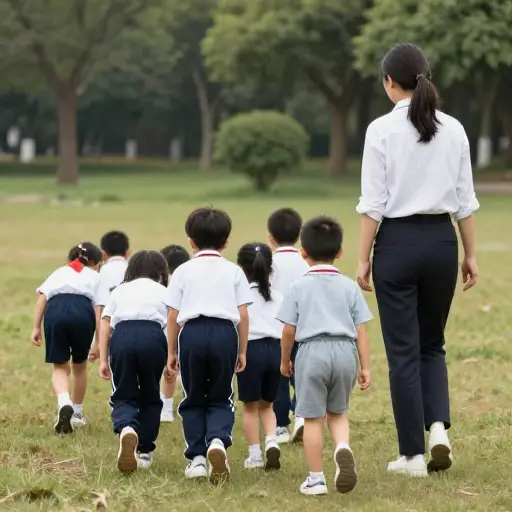 实地考察时，孩子们无精打采地跟在老师后面。