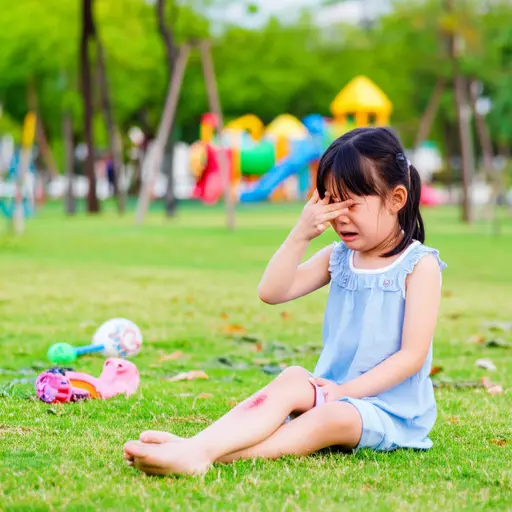 小女孩因为摔倒了，坐在地上抽泣起来。