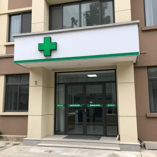 大楼入口在药店旁边。