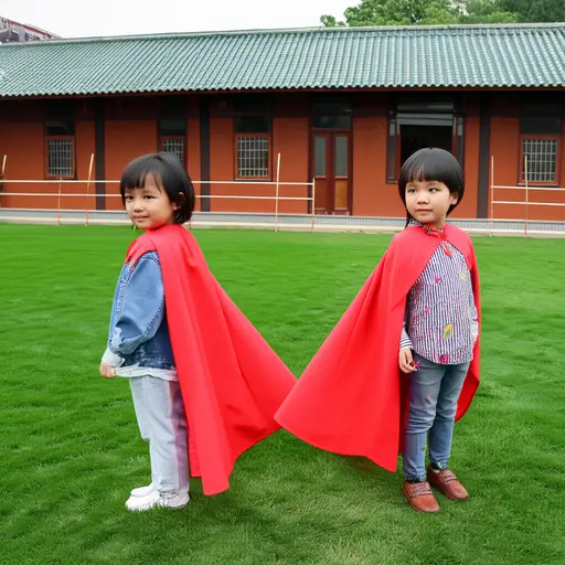 孩子们假装是超级英雄在院子里玩耍。