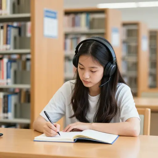 上大学时，她总是在图书馆边听边学。