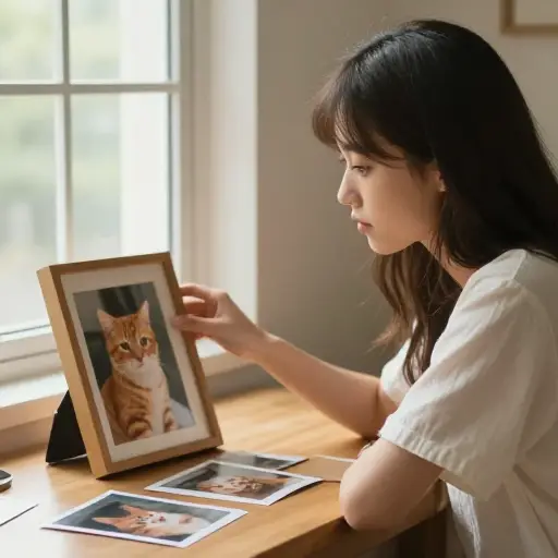 她非常想念她的猫，每天都要看照片。