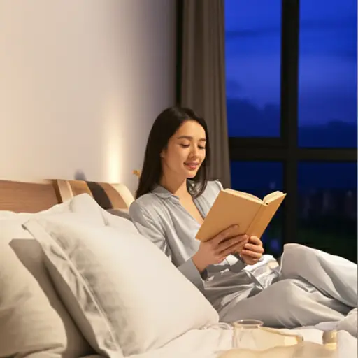 她喜欢在床上看书，享受卧室的私密氛围。