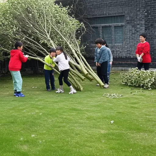 孩子们费力地把沉重的树枝拖到后院。