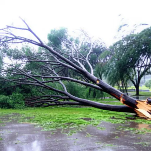 暴风雨中，树枝断裂后重重地砸在了地上。