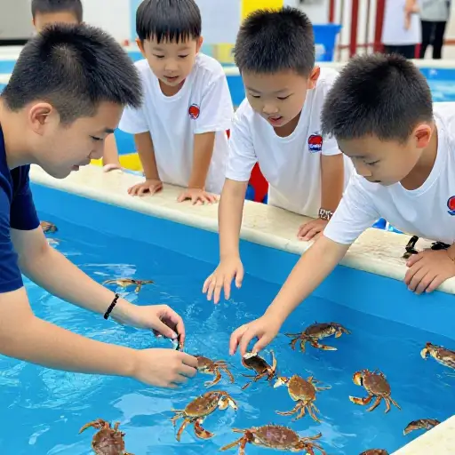 在我们参观海洋中心时，孩子们对触摸池里的螃蟹非常着迷。