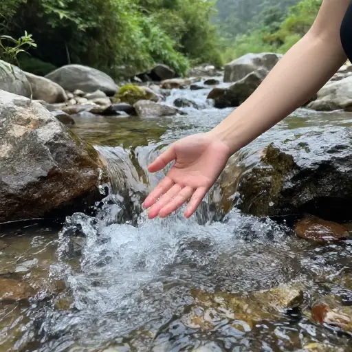 她的手指触碰到了山间溪流冰冷的水。