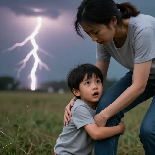 孩子紧紧抱住母亲的腿，被巨大的声响吓坏了。