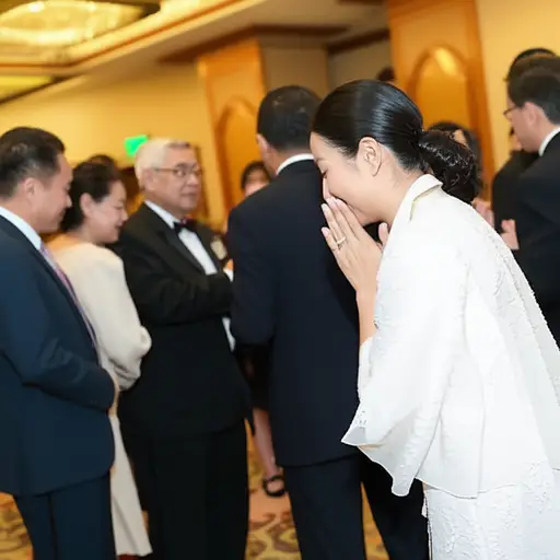 那位女士在慈善活动上以完美的礼仪向每个人致意。
