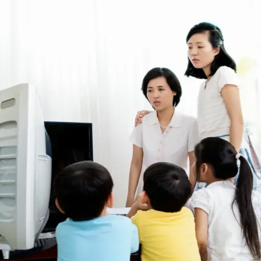 孩子们恳求妈妈让他们多看一会儿电视。